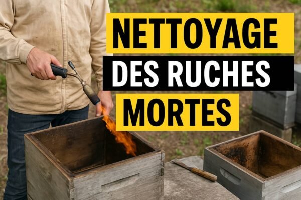Un apiculteur en tenue utilise un chalumeau pour nettoyer une ruche vide avec une flamme, dans une ferme au printemps.